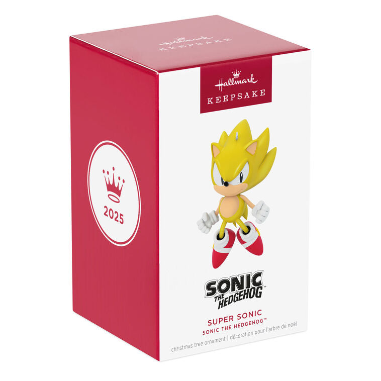 Super Sonic ornament, bright yellow Sonic the Hedgehog in Super State, Hallmark Keepsake, Christmas video game decoration, Chaos Emerald power.