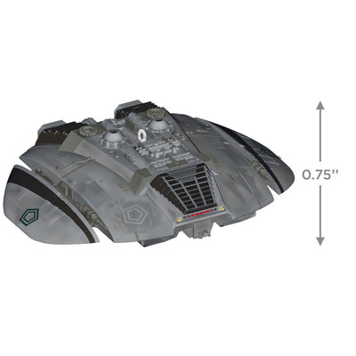 Cylon Raider ornament, detailed saucer-shaped spacecraft from Battlestar Galactica, Hallmark Keepsake Christmas decoration.