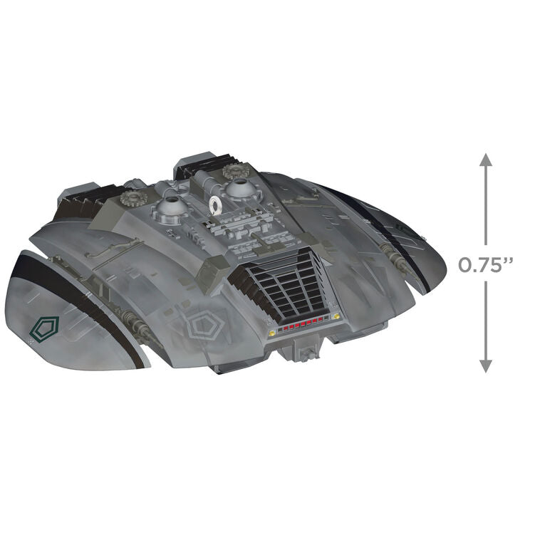 Cylon Raider ornament, detailed saucer-shaped spacecraft from Battlestar Galactica, Hallmark Keepsake Christmas decoration.