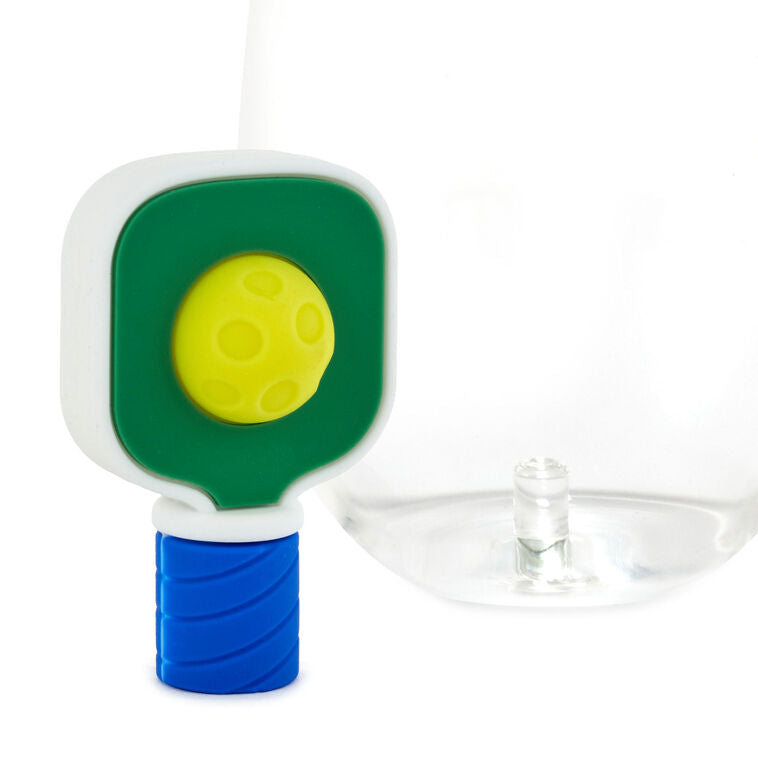 Silicone drink charm shaped like a pickleball paddle and ball, fits inside Charmers or stemless contour glasses   drink ID.