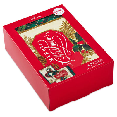 Holly and Ornament Boxed Christmas Cards, Pack of 40