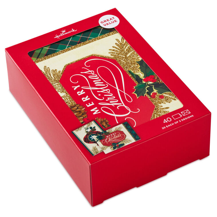 Holly and Ornament Boxed Christmas Cards, Pack of 40