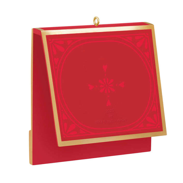 Red and gold matchbook-style ornament with “A Perfect Match” lettering and two heart-accented matchsticks