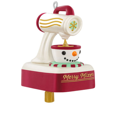 Set of three mini Christmas ornaments: snowman waffle maker, stand mixer, and toaster with snowflake designs, Hallmark Keepsake kitchen set