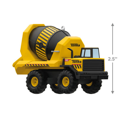 Hallmark Keepsake Hasbro Tonka Mighty Cement Mixer ornament, yellow and black truck with turning drum, inspired by classic construction toy.