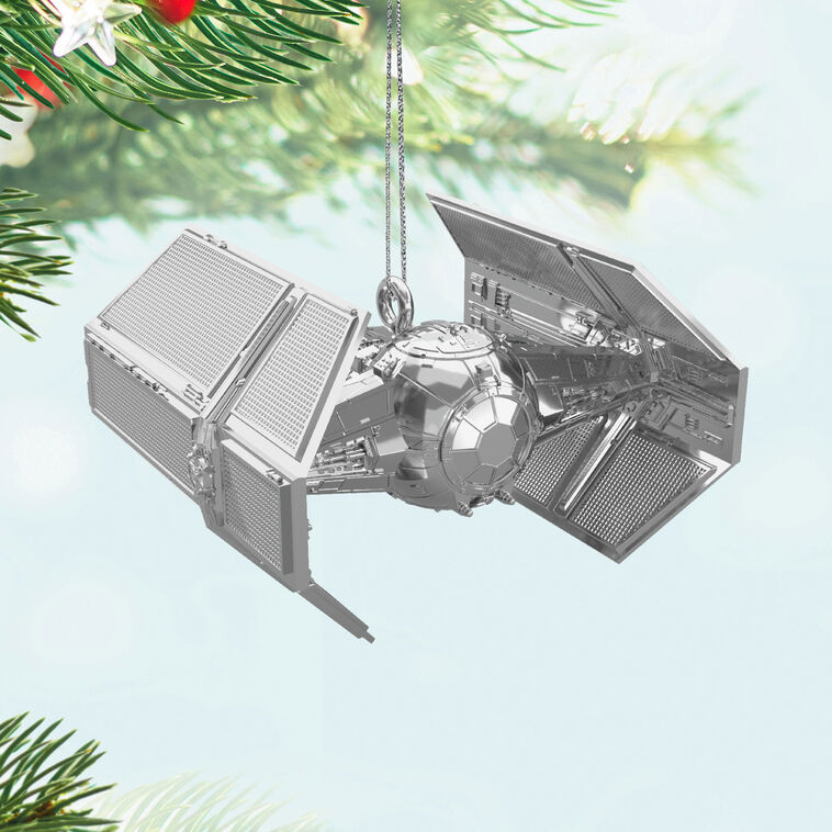 Mini Darth Vader’s TIE Fighter ornament, shiny silver Star Wars spaceship, Hallmark Keepsake Christmas collectible
