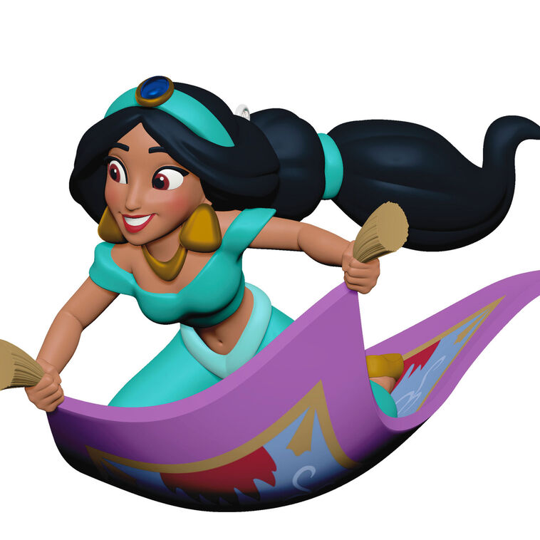 Hallmark Keepsake Disney Jasmine rides magic carpet ornament, turquoise outfit, purple and gold carpet, Christmas tree decoration