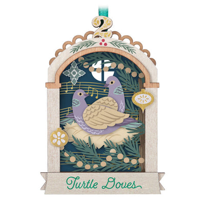 Hallmark Keepsake Twelve Days of Christmas Papercraft ornament—laser-cut wood frame with intricate two turtle doves papercraft scene and song verse
