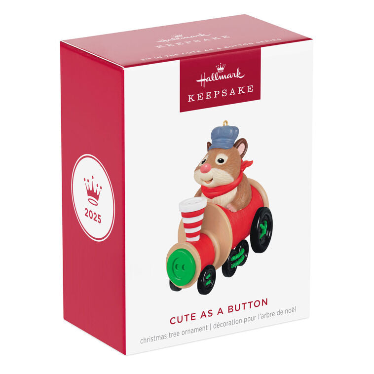 Hallmark Keepsake Cute as a Button ornament—hamster on red train engine with spools of thread, black button wheels, striped smokestack made of buttons
