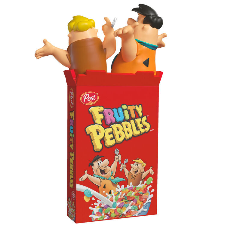 Hallmark Keepsake The Flintstones Fruity Pebbles ornament featuring Fred Flintstone and Barney Rubble in a red Fruity Pebbles cereal box.