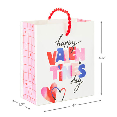 Mini Valentine's Day gift bag with colorful heart and script design on white background.