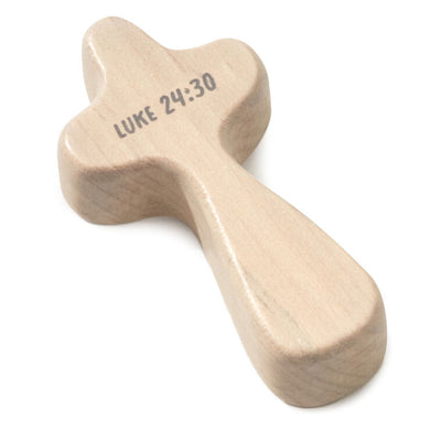 Hallmark light wood mini comfort cross with “1st Communion” and Luke 24:30 printed in gray lettering.