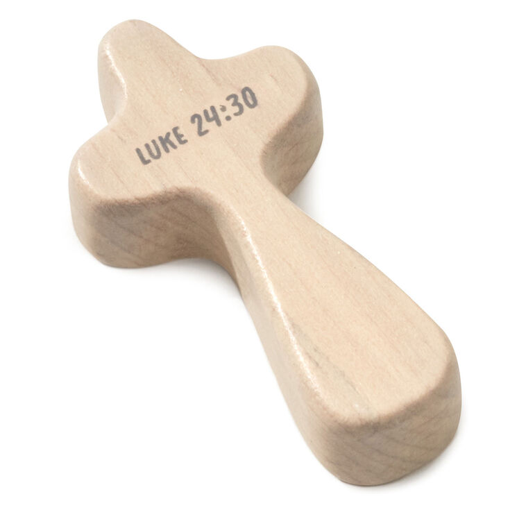 Hallmark light wood mini comfort cross with “1st Communion” and Luke 24:30 printed in gray lettering.