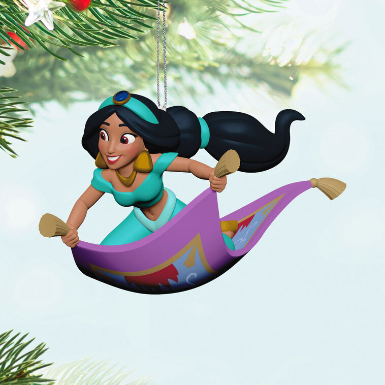 Hallmark Keepsake Disney Jasmine rides magic carpet ornament, turquoise outfit, purple and gold carpet, Christmas tree decoration
