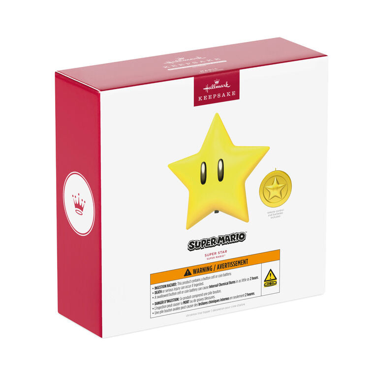 Nintendo Super Mario Super Star tree topper with glowing light and sound effects, remote control activated for synchronized