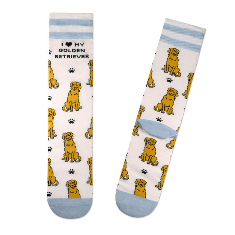 Hallmark crew socks featuring golden retriever illustrations, paw prints, and blue-striped accents.