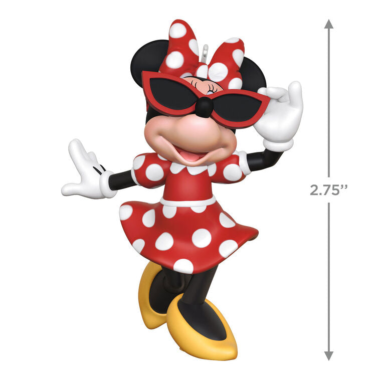 Hallmark Keepsake Disney Minnie Mouse Sunny Chic ornament featuring Minnie in a red polka dot dress, bow, and sunglasses, 2025 holiday collection.