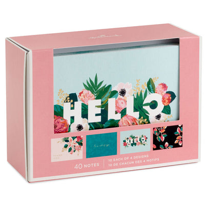 Boxed floral note card set featuring four unique designs with gold foil accents, includes 40 cards and envelopes.
