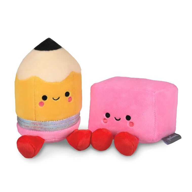 Plush pencil and pink eraser stuffed toys with magnets, designed to connect as a school-themed gift.
