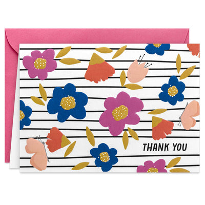 Thank you cards with bold poppies, butterflies, and black stripes on white background, includes 10 blank cards and pink-lined envelopes