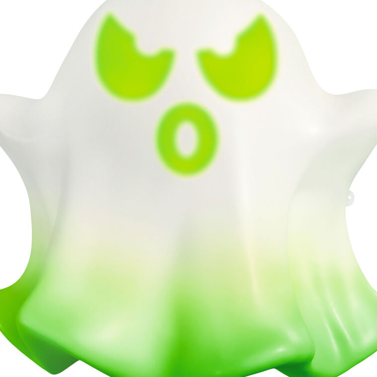 Animated ghost Halloween ornament with light, sound, and spooky phrases, compatible with Hallmark power cord