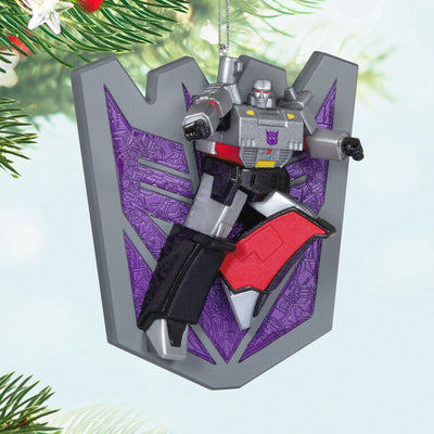 Megatron ornament, Transformers villain, fusion cannon raised, purple Decepticon shield, Hallmark Keepsake, Christmas tree decoration.