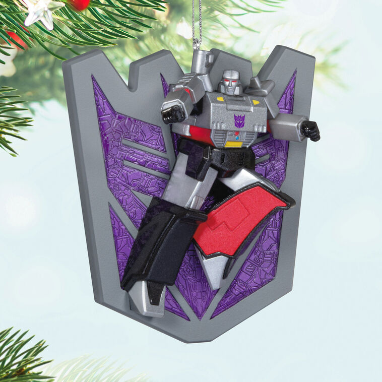 Megatron ornament, Transformers villain, fusion cannon raised, purple Decepticon shield, Hallmark Keepsake, Christmas tree decoration.