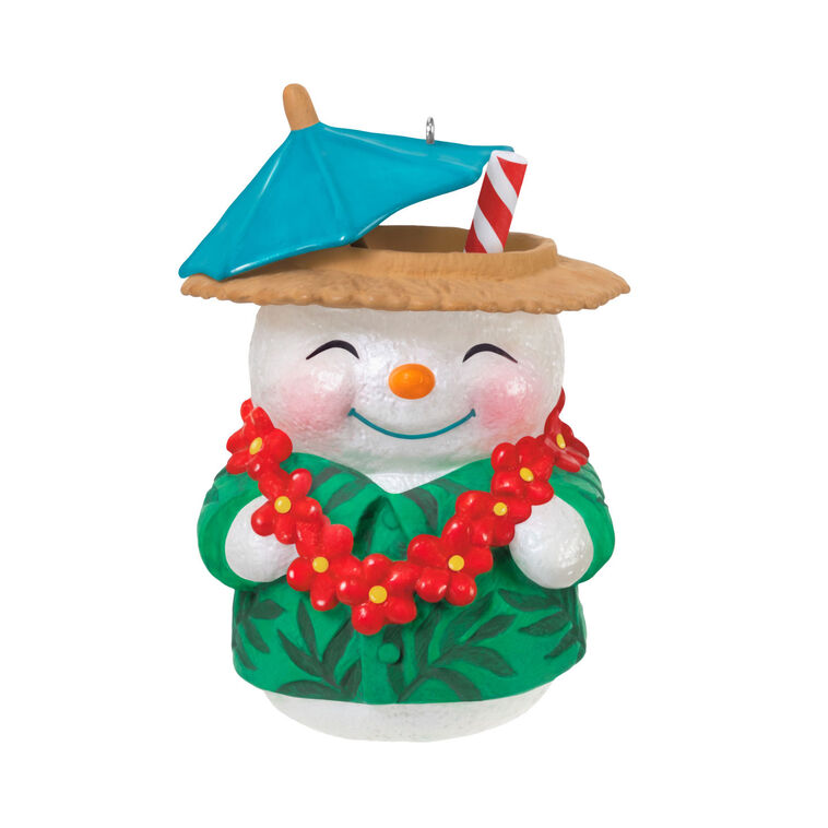 Snowman tiki drink ornament wearing green shirt and red lei with cocktail umbrella and striped straw, festive holiday decor

