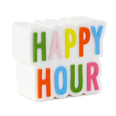 Colorful silicone drink charm with "Happy Hour" lettering, fits inside Charmers stemless contour or drinking glasses.