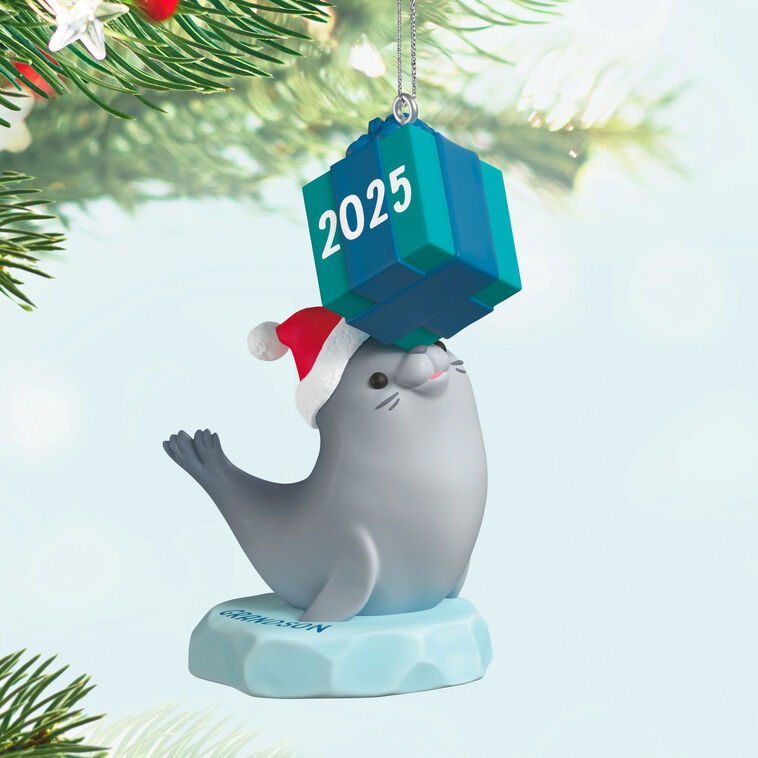 Gray seal ornament in Santa hat balancing gift on nose, sitting on iceberg, year-dated 2025 for grandson Christmas gift


