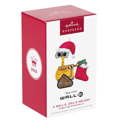 Wall-E Christmas ornament wearing Santa hat and holding red holiday stocking with a gift