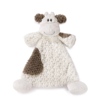 White and black plush cow rattle blankie with soft fabric, stitched face, floppy limbs, and 13-inch comforting design.