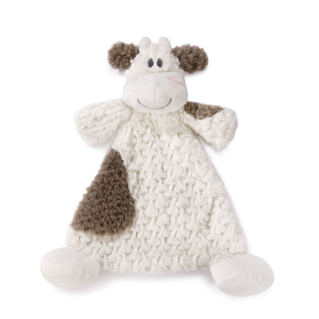 White and black plush cow rattle blankie with soft fabric, stitched face, floppy limbs, and 13-inch comforting design.