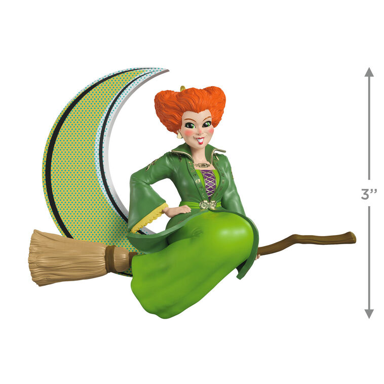Halloween ornament of Winifred Sanderson on broomstick flying in front of crescent moon from Disney&