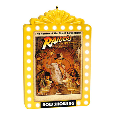 Hallmark Keepsake ornament featuring Raiders of the Lost Ark™ poster in yellow marquee frame with continuous light effect.