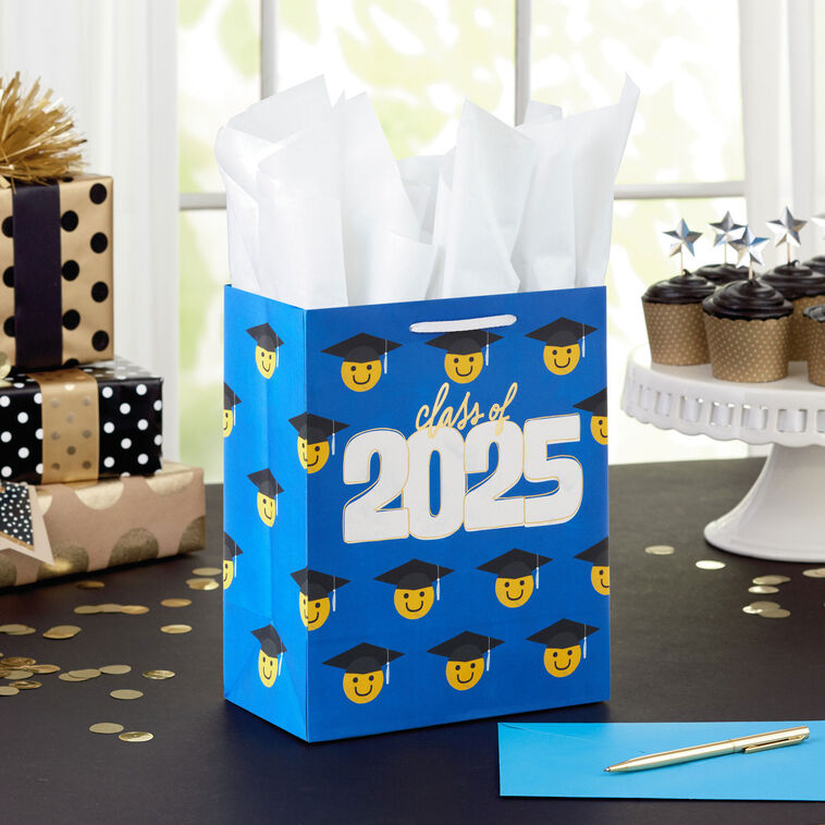 Medium blue graduation gift bag with Class of 2025 and rows of smiley faces in grad caps, Hallmark, gold foil accents, 9.6 inch size
