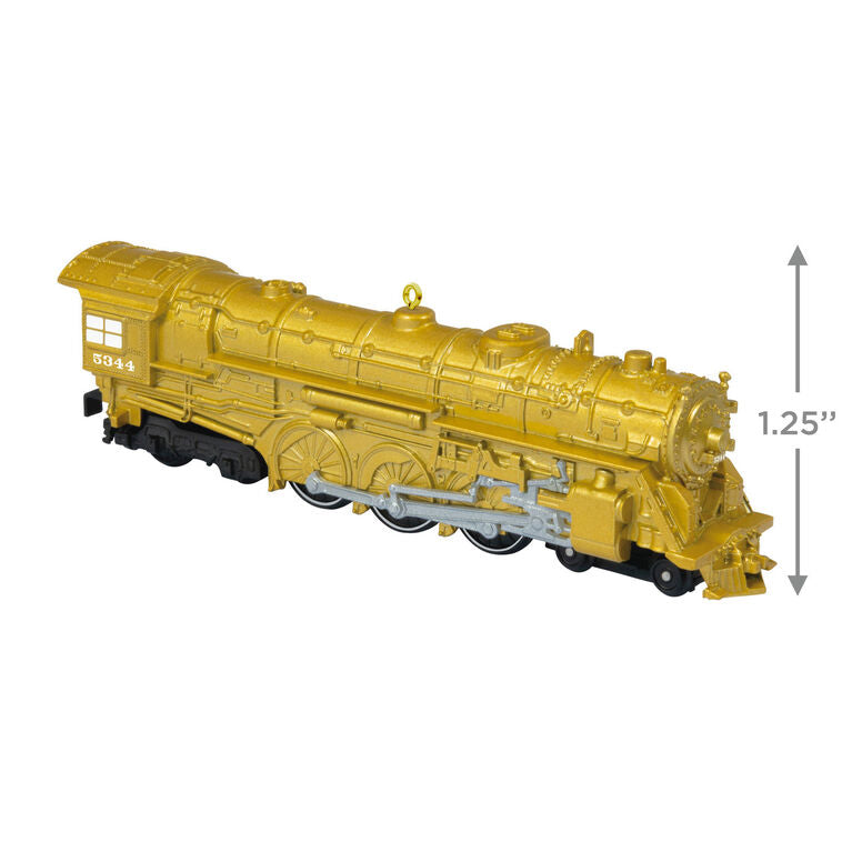 Lionel Trains New York Central 700E Hudson gold metal Christmas ornament by Hallmark Keepsake, die-cast steam engine with shiny metallic finish.