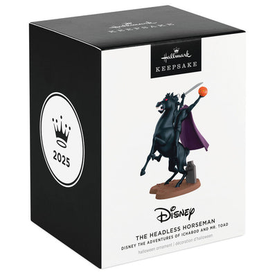 Headless Horseman Halloween ornament from Disney's Sleepy Hollow, riding black horse with sword and jack-o'-lantern
