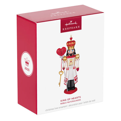 Hallmark Keepsake Noble Nutcrackers King of Hearts ornament—regal nutcracker in red, white, gold, heart designs, crown, key, heart locket, lever back