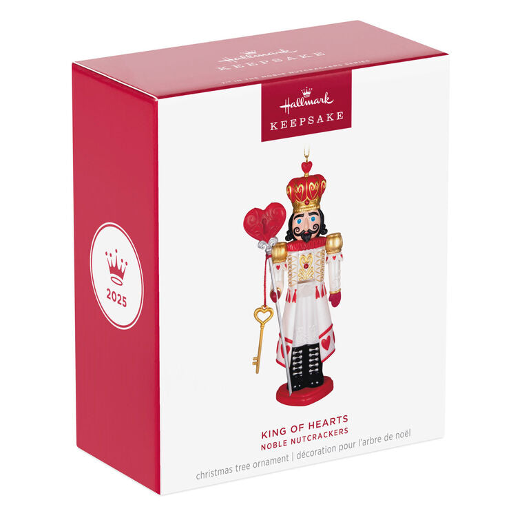 Hallmark Keepsake Noble Nutcrackers King of Hearts ornament—regal nutcracker in red, white, gold, heart designs, crown, key, heart locket, lever back