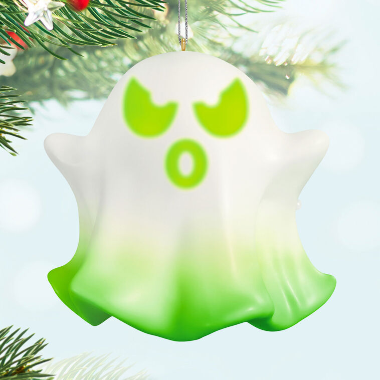 Animated ghost Halloween ornament with light, sound, and spooky phrases, compatible with Hallmark power cord