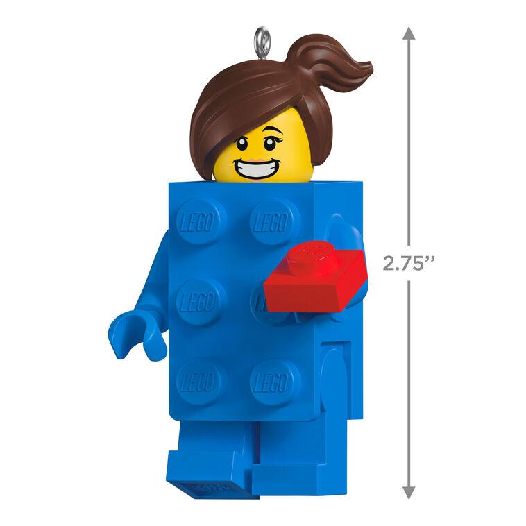 LEGO minifigure ornament with blue brick body, red piece in hand, and smiling brunette girl face.