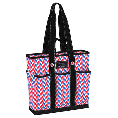Pink tote bag with six exterior pockets, interior zipper pocket, and dual strap lengths, perfect for organized everyday or work use.
