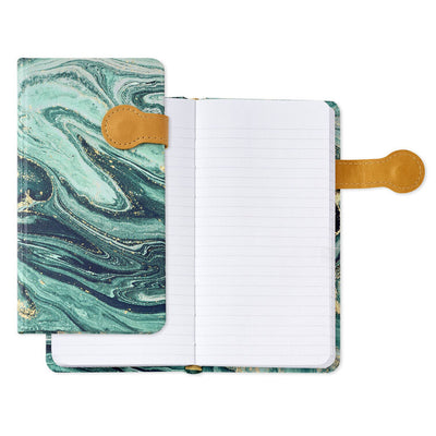 Slim hardcover journal with swirling blue and green marbled cover, gold foil details, and magnetic clasp.
