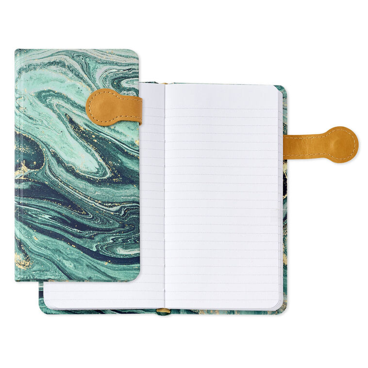 Slim hardcover journal with swirling blue and green marbled cover, gold foil details, and magnetic clasp.
