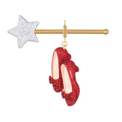 Hallmark Keepsake Wizard of Oz Ruby Slippers ornament with glittery shoes and magic wand inspired by Glinda the Good Witch.