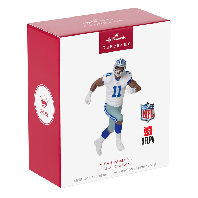 Micah Parsons ornament in Dallas Cowboys uniform, number 11, action pose, Hallmark NFL Christmas collectible for football fans