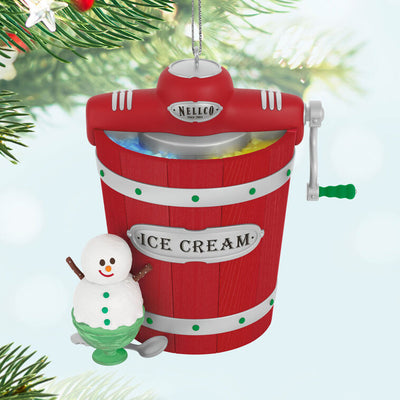 Homemade ice cream maker ornament with snowman sundae, musical light-up holiday decoration, battery operated

