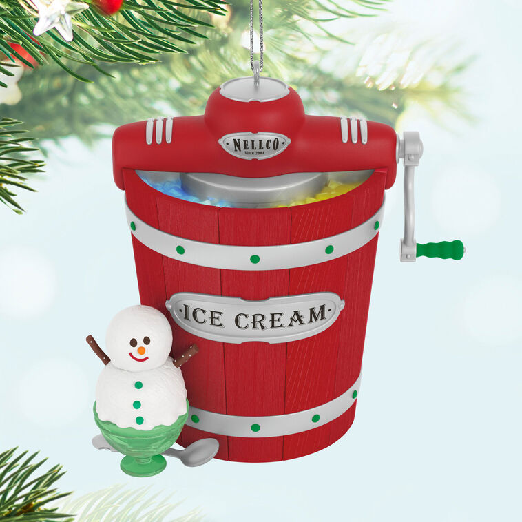 Homemade ice cream maker ornament with snowman sundae, musical light-up holiday decoration, battery operated

