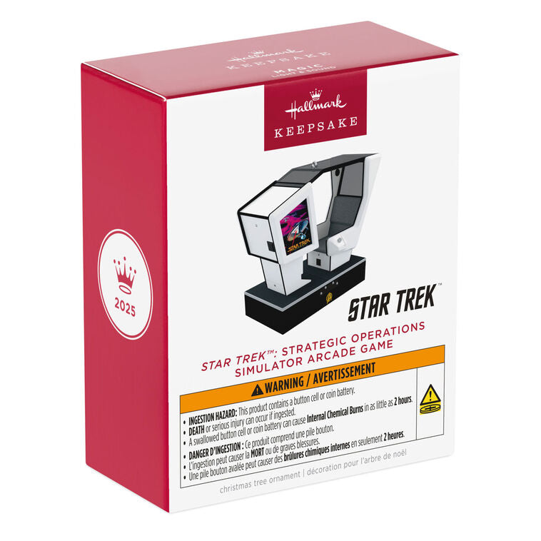 Hallmark Star Trek arcade game ornament—miniature 1980s simulator cabinet with screen, joystick, and seat, lights and sound